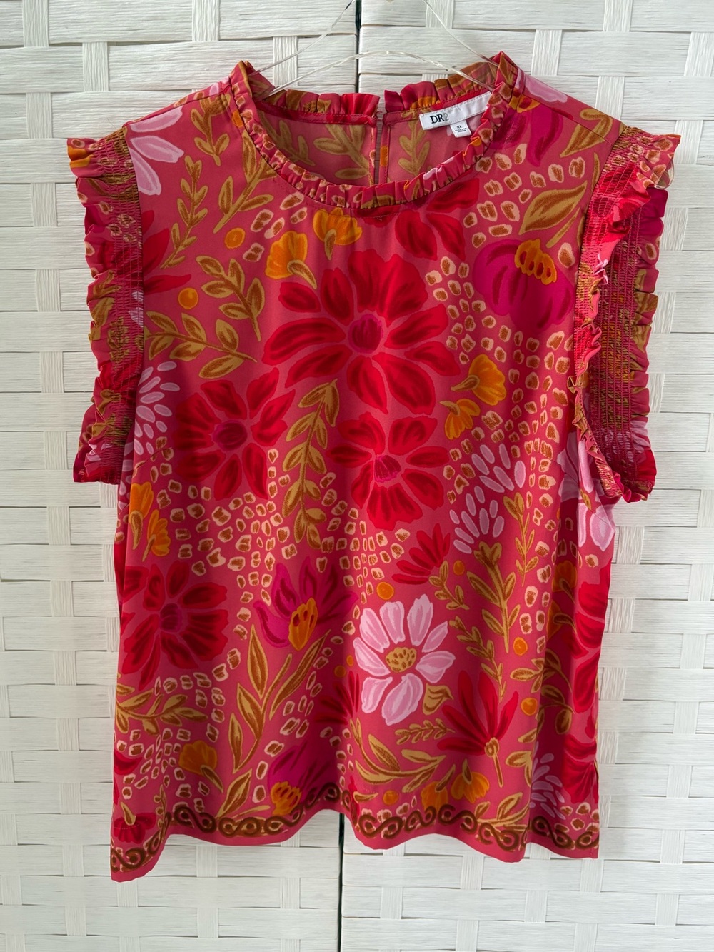 DR2 Size XL Orange Yellow Pink Floral Ruffle-Smock Sleeve Top Party Fun Cruise
